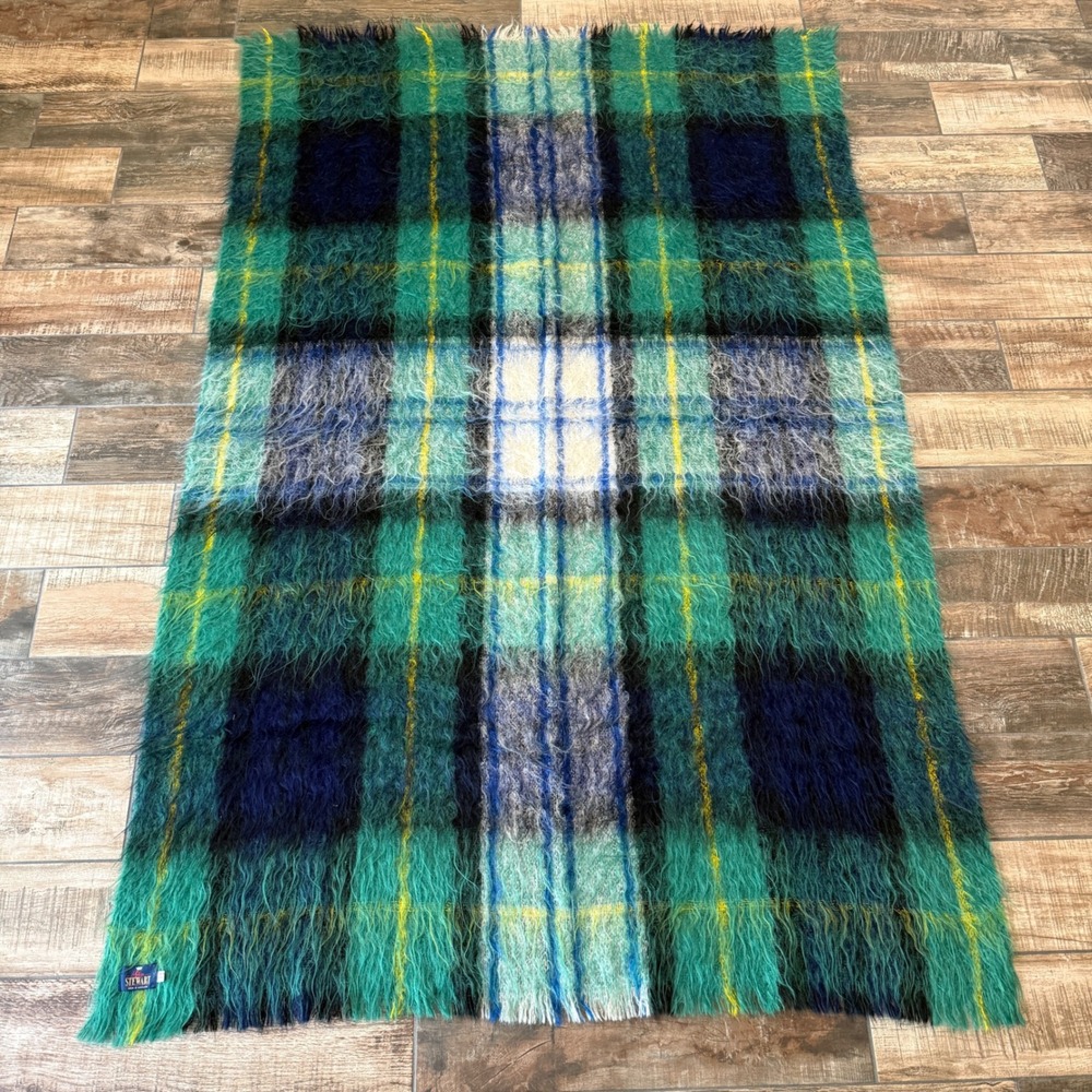 Glen Stewart Mohair Wool Blanket Made in Scotland Plaid Green Blue 48x75 Vintage